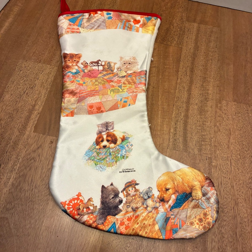 Giordano Art Christmas Stocking Sad  Vintage Dogs Kittens Puppies Quilt Holiday